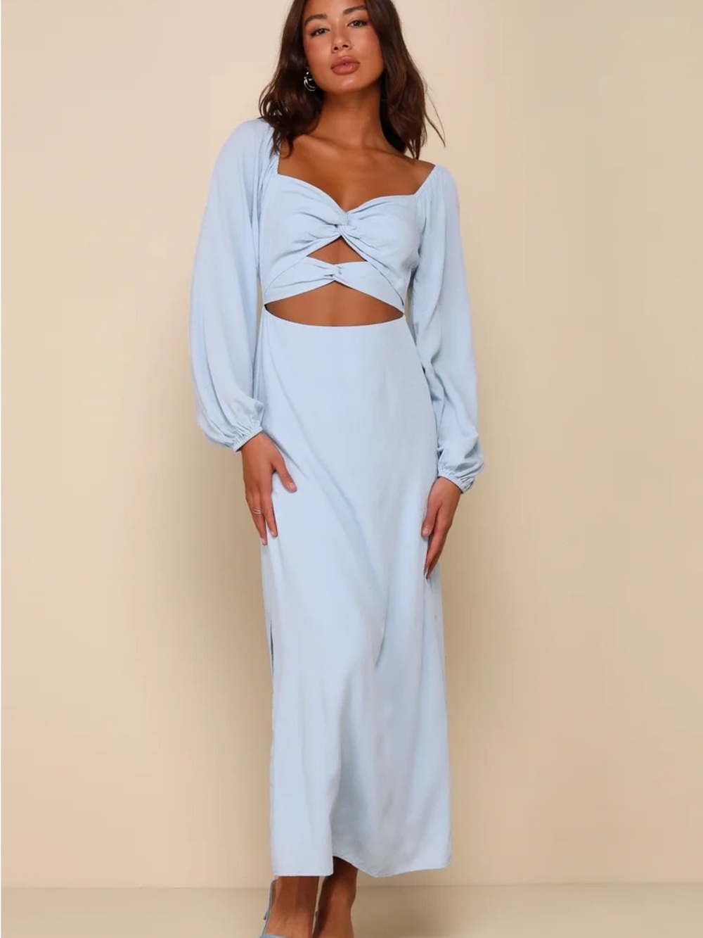 Lulu's Light Blue Long Sleeve Midi Dress with Twist Cutout